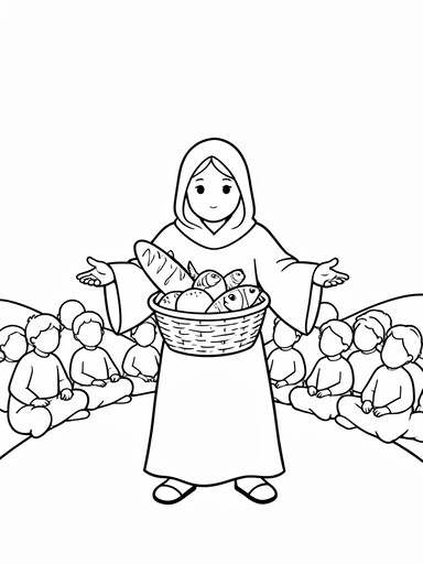 Robed figure holding a basket of bread and fish with a crowd seated on a hillside, coloring page