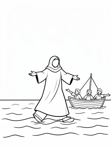 Robed figure walking on water with arms out, boat and three disciples behind, coloring page