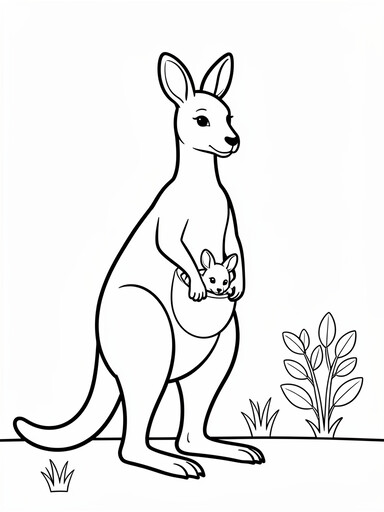 Kangaroo coloring page showing a mother kangaroo with a joey in her pouch