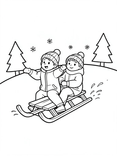 Kids sledding coloring page showing two children on a wooden sled going down a snowy hill