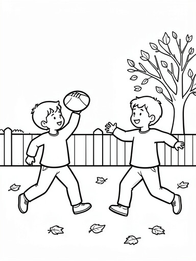Two kids playing backyard football with one throwing and one catching coloring page