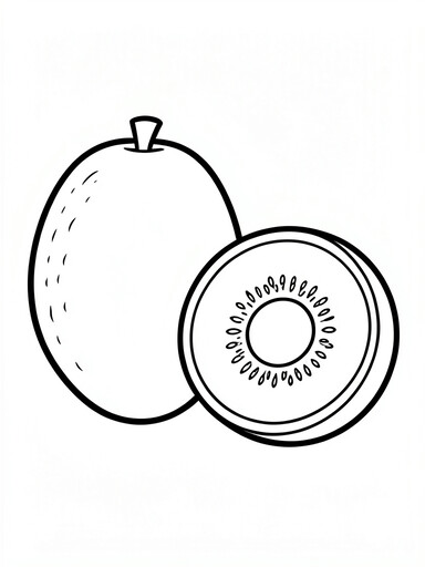 Kiwi coloring page showing a whole fuzzy kiwi fruit beside a halved kiwi with a ring of seeds PDF preview