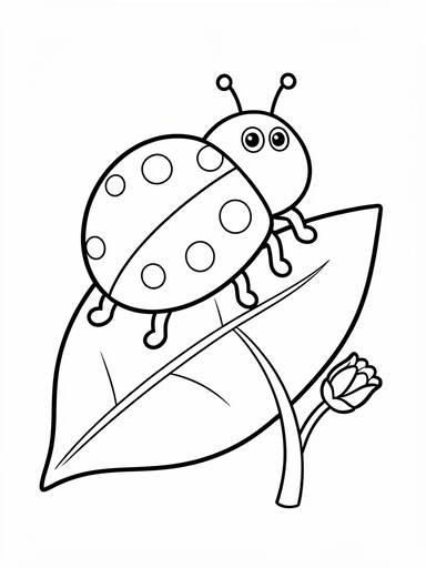 Ladybug coloring page showing a round spotted ladybug resting on a large leaf with a flower bud