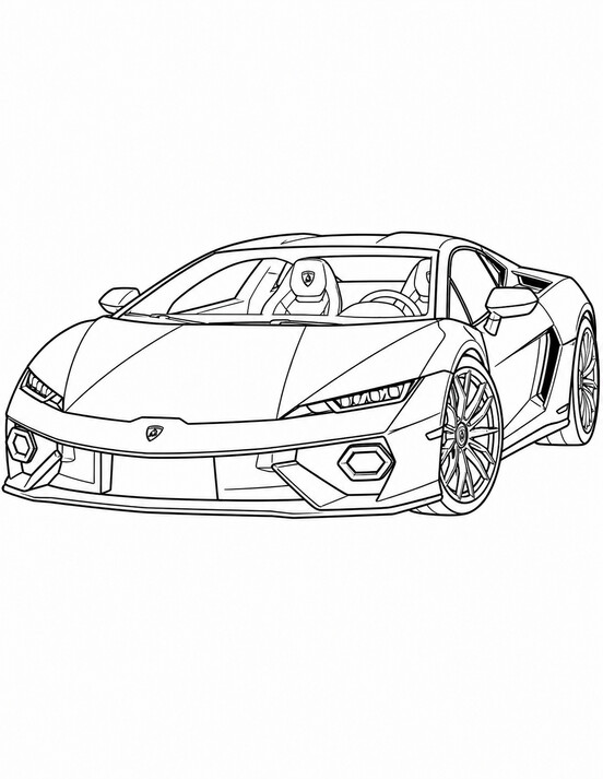 Lamborghini Temerario coloring page showing a front three-quarter vehicle view with bold wheels, clear body PDF preview