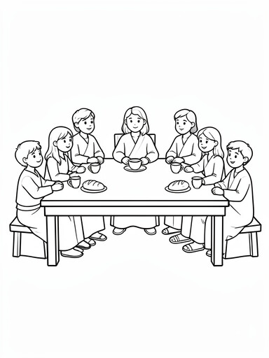 Central figure at head of a table surrounded by disciples with bread and cups, coloring page