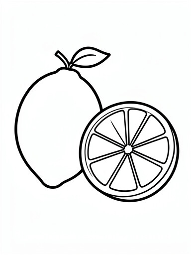 Lemon coloring page showing a whole lemon with a leaf beside a round citrus slice with segment lines PDF preview