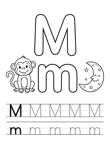 Letter M coloring page with monkey, tracing letters, and handwriting lines PDF preview