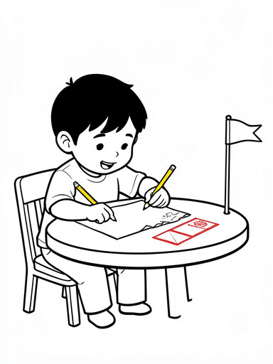 letter to Santa coloring page showing a child writing at a table beside a mailbox and envelope PDF preview