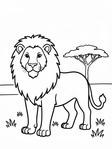 Lion coloring page showing a maned lion standing on the savanna beside an acacia tree