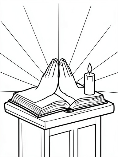 Praying hands resting on an open Bible on a wooden stand beside a lit candle coloring page