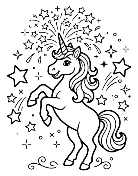 Magical unicorn rearing with stars and sparkle bursts coloring page