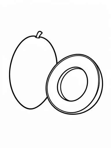 Mango coloring page showing a whole oval mango beside a mango half with a large flat pit PDF preview