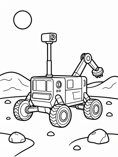 Mars rover coloring page showing a six-wheeled rover with a camera mast on a rocky surface