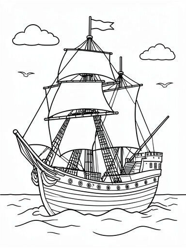 Mayflower ship coloring page sailing through waves with three masts and unfurled sails
