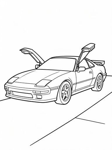 Mazda RX-7 coloring page showing a rotary sports coupe with raised pop-up headlights and a curved fastback roofline