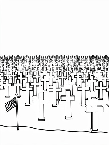 Cross and headstone coloring page showing military cemetery markers