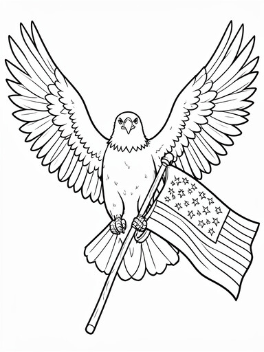 Bald eagle with wings spread clutching an American flag coloring page