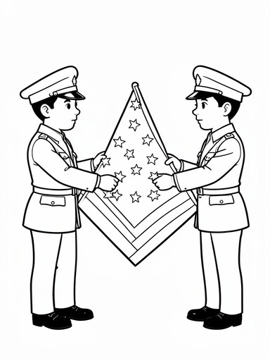 Flag folding ceremony coloring page showing soldiers folding an American flag