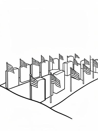 Grave flags coloring page showing small American flags at military grave markers
