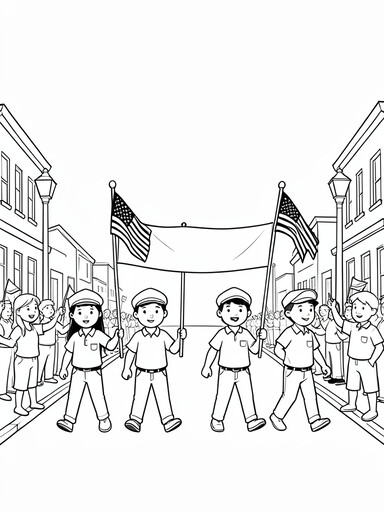 Parade marchers carrying flags and a banner down a street coloring page