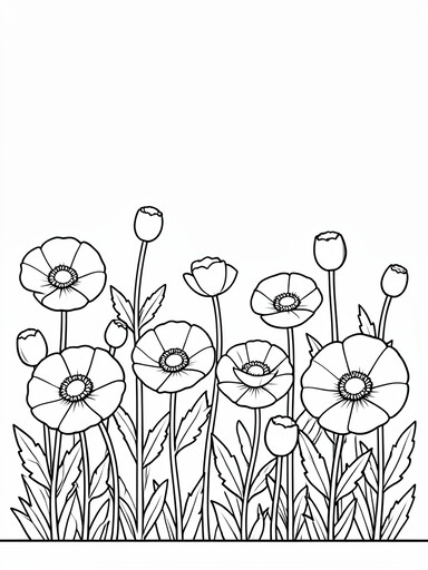 Poppy field coloring page with Memorial Day poppies in bloom