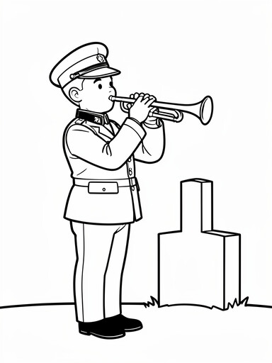 Taps bugler coloring page with a soldier playing trumpet at dusk