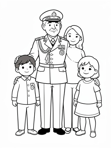 Veteran with family coloring page showing a soldier reunited with loved ones