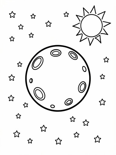 Mercury coloring page with round craters covering the surface beside a rayed sun and stars