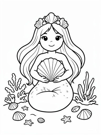 Mermaid with seashell crown holding a large fan seashell with starfish and coral around her coloring page