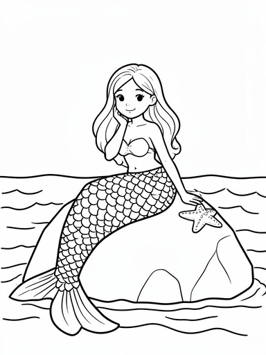 Mermaid sitting on a rock with scaled fish tail, long flowing hair, and a starfish beside her coloring page