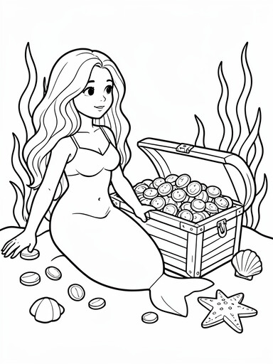 Mermaid sitting next to an open treasure chest overflowing with coins and gems on the ocean floor coloring page