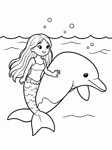 Mermaid swimming beside a bottlenose dolphin with ocean waves and bubbles above them coloring page
