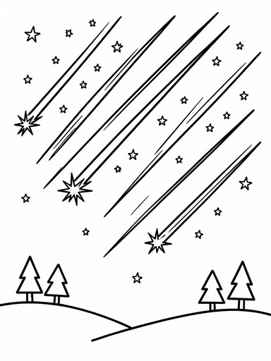 Meteor shower streaking over a pine-covered hillside coloring page