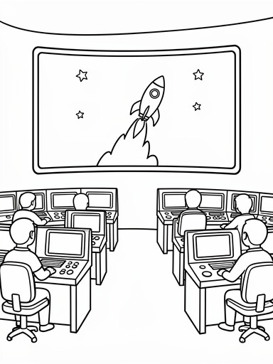 Mission control room watching a rocket launch on a big screen coloring page