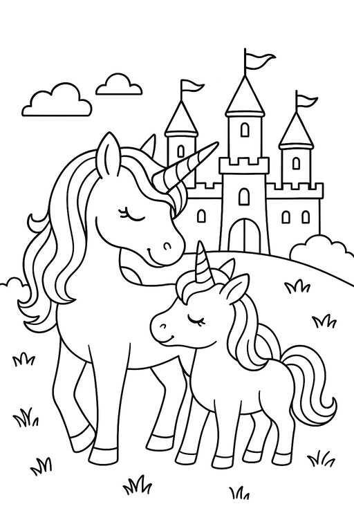 Mom Baby Unicorns Castle coloring page showing a mother unicorn and foal standing together in front of a castle PDF preview