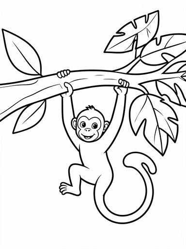 Monkey coloring page showing a playful monkey hanging from a thick jungle branch