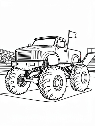 Monster truck coloring page showing a lifted rally truck with oversized knobby tires and a flag on the bumper