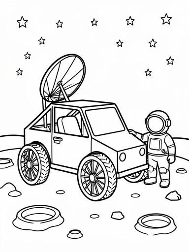 Moon buggy rover with big wheels and an astronaut coloring page