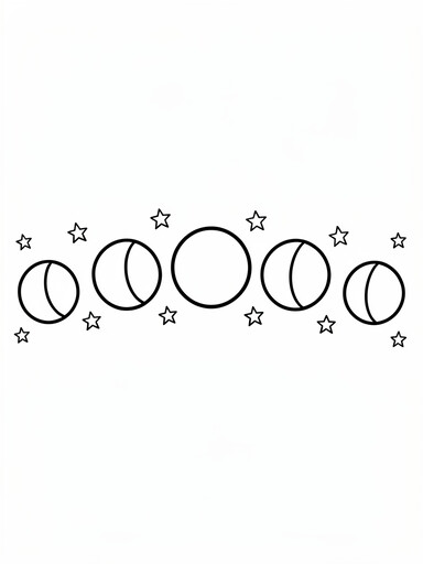 Moon phases coloring page showing crescent, half, and full moon shapes in a row