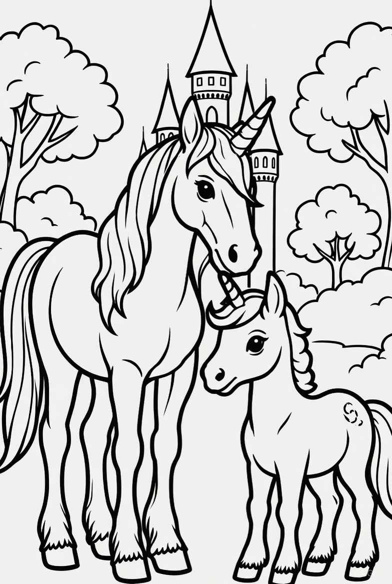Mother unicorn and foal standing together in front of a castle PDF preview
