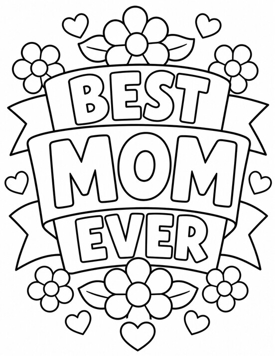 Best Mom Ever letters framed by flowers, leaves, hearts, and banner PDF preview