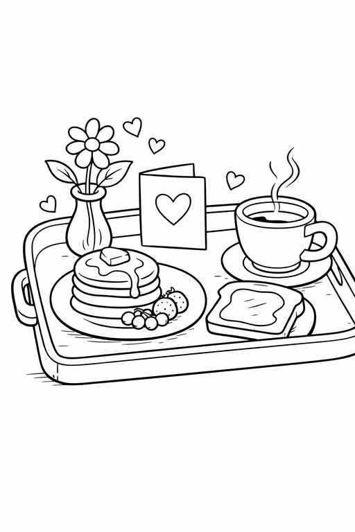 Mother’s Day breakfast tray with pancakes, coffee, flowers, hearts, and card PDF preview