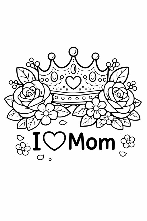 Mother’s Day crown with I Love Mom text, roses, leaves, and hearts PDF preview