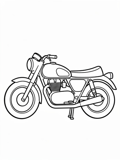 Motorcycle coloring page showing a rounded fuel tank, curved seat, spoked wheels, and a side exhaust pipe