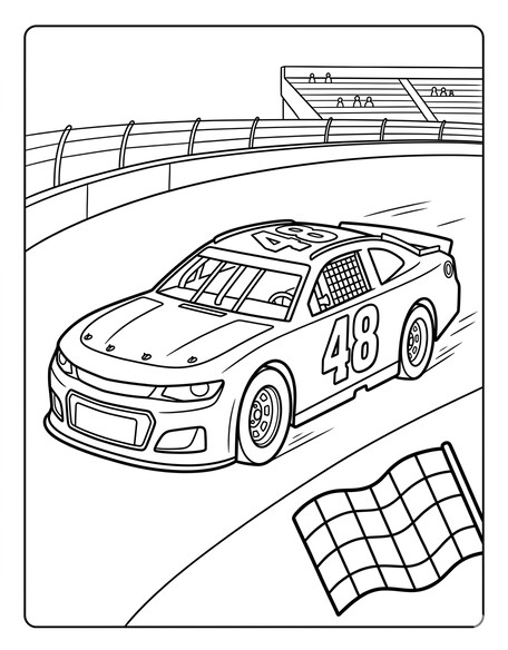 NASCAR Race Car coloring page showing a stock car on an oval track with a bold number and checkered-race details PDF preview