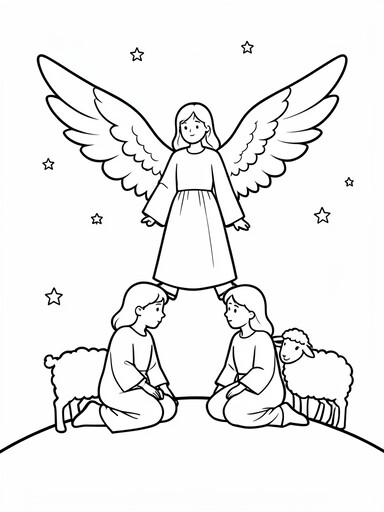 Angel with wings hovering above two seated shepherds and two sheep on a hillside coloring page