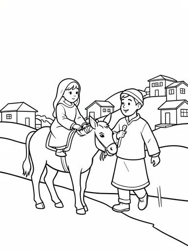 Mary seated on a donkey with Joseph walking beside holding a staff, town behind them coloring page