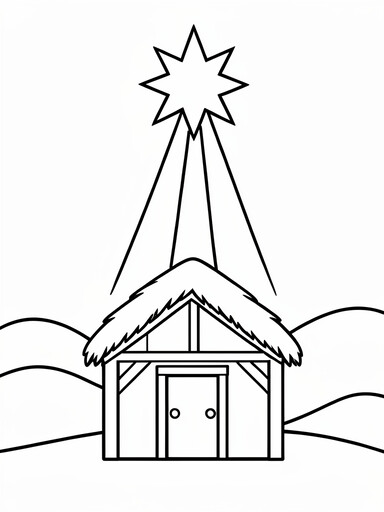 Bright eight-pointed star above small stable with thatched roof and gentle hills behind coloring page