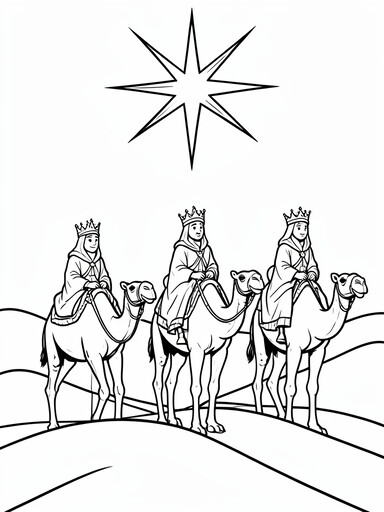 Three wise men on camels following a bright star across desert dunes coloring page