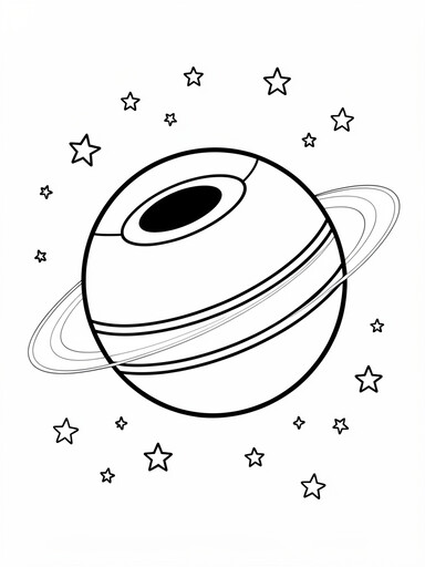 Neptune coloring page with a large storm spot, cloud bands, and a thin ring among stars